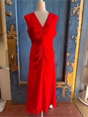 Mariacher Sleeveless Red V-Neck Ruched Maxi Dress